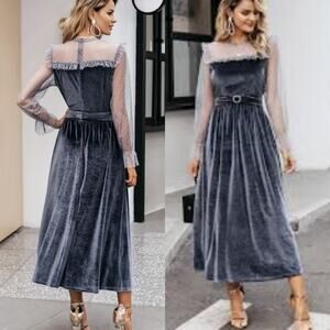 Vintage Inspired Holiday Maxi Mesh Yoke Belted Detail Velvet Women's Size Medium